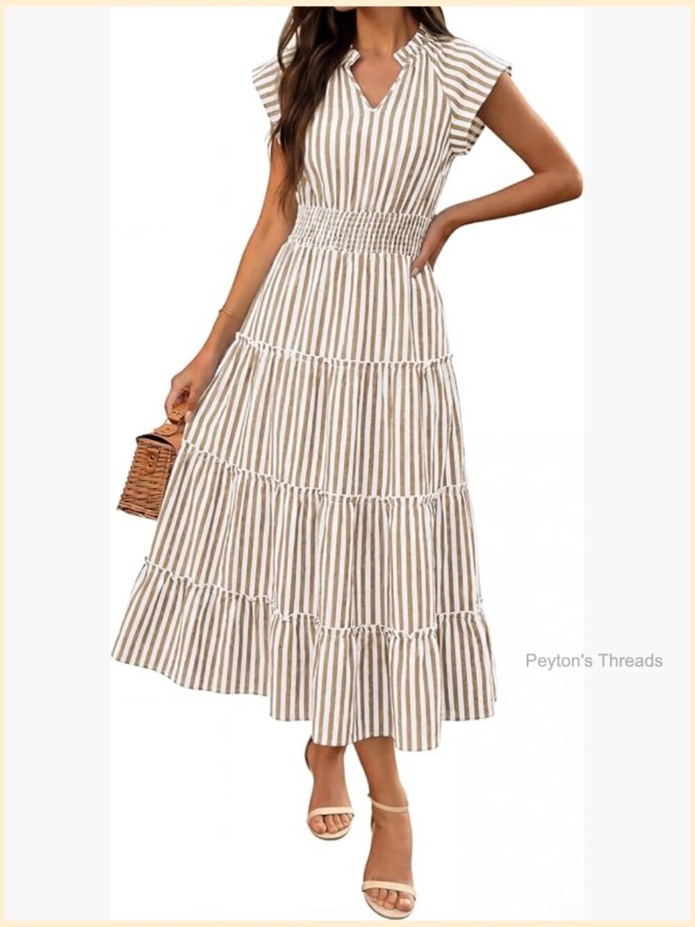 Womens Summer Maxi Dress V Neck Cap Sleeve Gingham Striped Flowy Tiered Beach